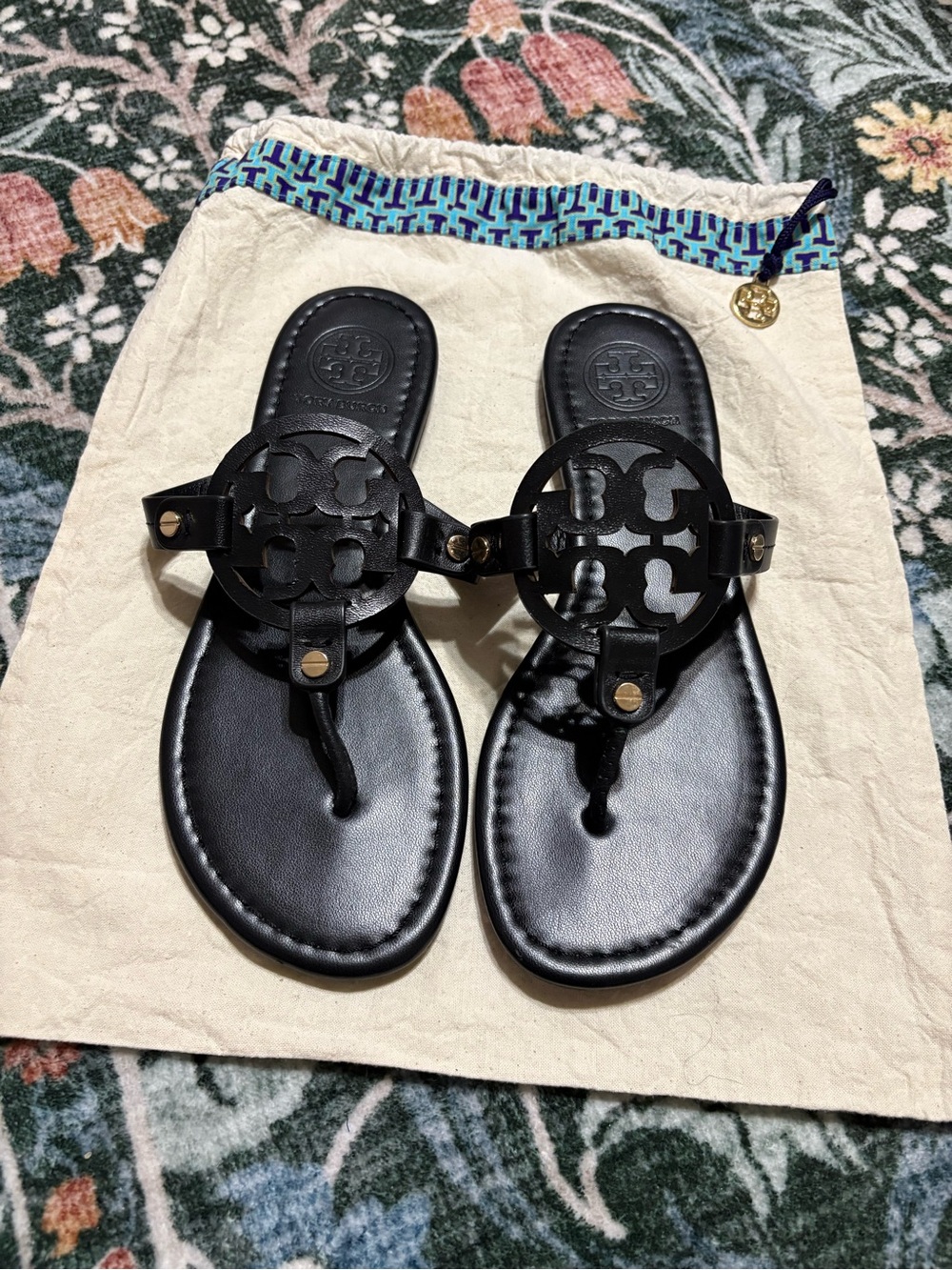Tory Burch Black Leather Logo Thong Sandals